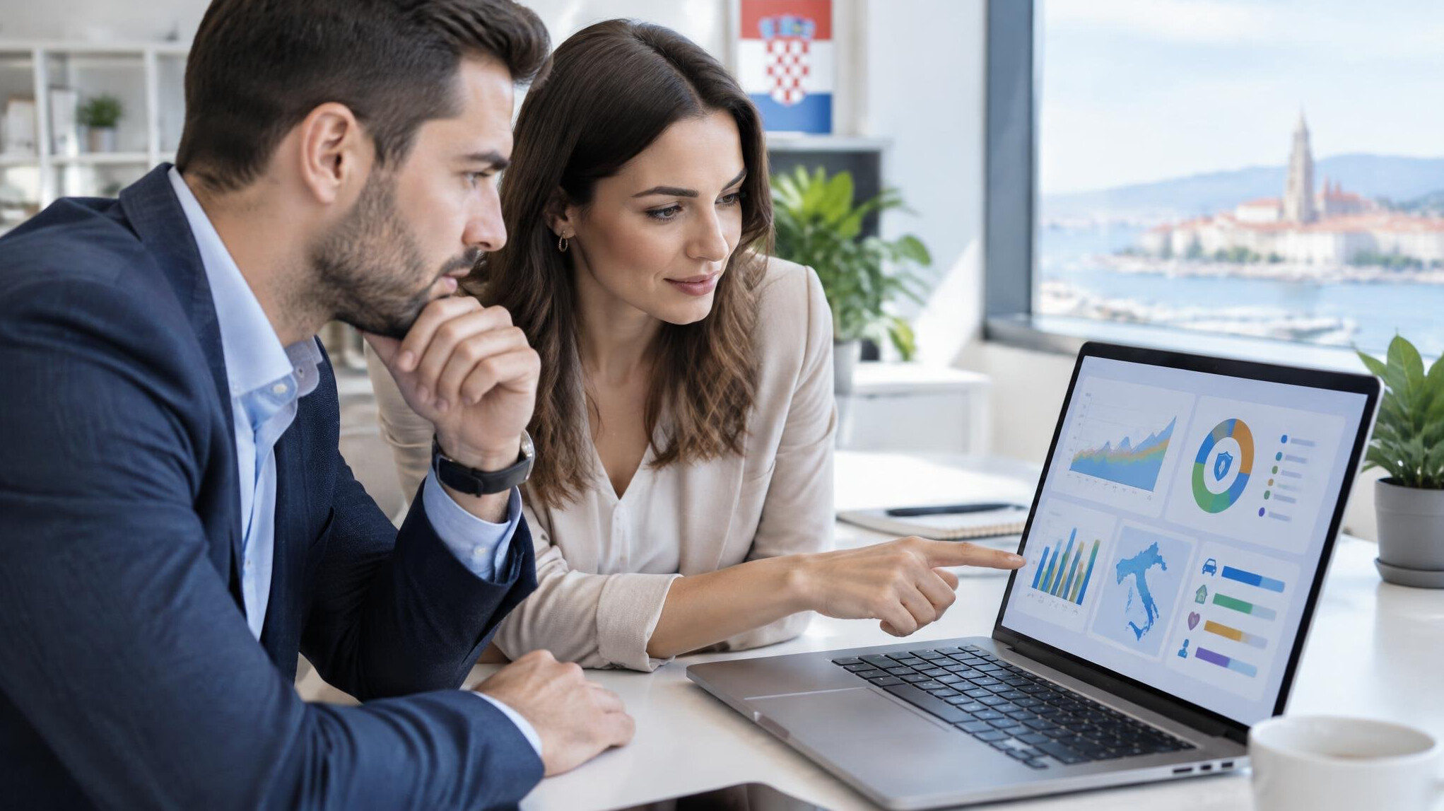 Two colleagues reviewing an insurance software dashboard on a laptop in a bright office