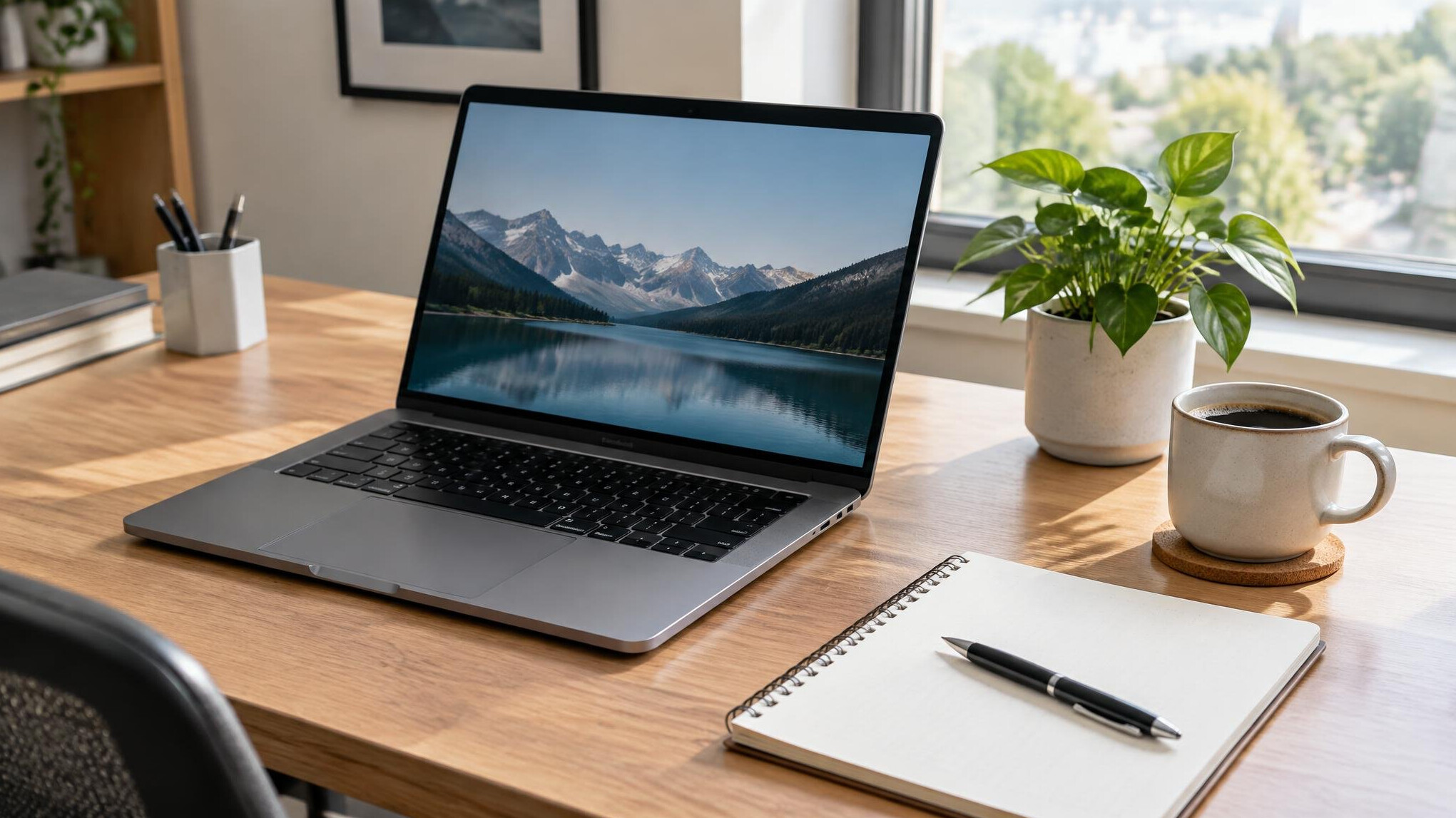 Modern office desk with an open laptop, notebook and cup of coffee